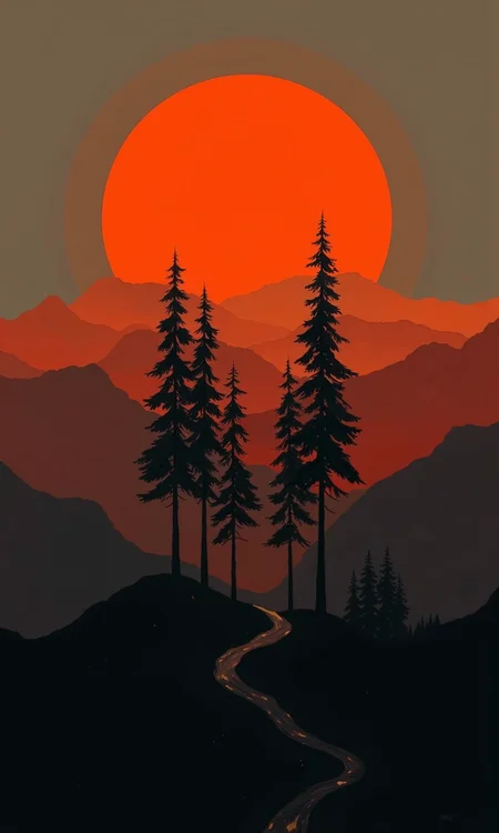 Full shot of a painting or digital artwork.
A large, vibrant orange-red moon or sun dominates the upper portion of the composition. Silhouetted against the moon are a group of dark-toned, slender pine or evergreen trees, arranged vertically and centrally.
The trees extend from the landscape's middle ground to the foreground, creating a pathway in the scene. Beneath and surrounding the trees are layers of muted red-orange tones, suggesting mountain ranges or hills. These layers are layered and graduated in shades, varying from dark red-orange to more muted, almost grayish-orange tones closer to the bottom of the piece.
The background is a mix of dark gray-brown and muted tones, creating a sense of depth and a sky-like atmosphere. The dark tones are more pronounced in the lower foreground, suggesting a hillside or a valley floor.
The overall impression is one of a tranquil, surreal landscape scene at sunset or during an eclipse, emphasizing contrast between the warm tones of the moon and the dark silhouette of the trees and surrounding environment. The style suggests a muted, almost painterly approach to the representation of nature, with a focus on shape and color layering, rather than photorealistic detail.
<lora:FLUX-daubrez-DB4RZ-v2:1> DB4RZ, DB4RZ style painting