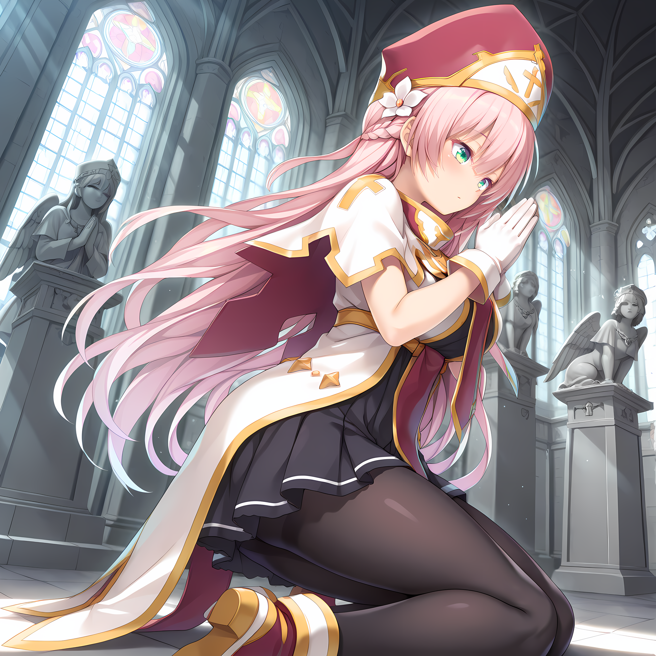 <lora:Terese_Elminaãã¬ãµã¨ã«ããã¢_-_Escude_-_Hime_to_Aiyoku_no_Sacrifice:0.8>,solo,terese,pink hair,long hair,braid,green eyes,hair between eyes,bangs,hair flower,large breasts,base outfit,white gloves,mitre,pantyhose,indoors,cathedral,dappled sunlight,moonlight,full moon,glass ceiling,stained glass,angel statue,shrine,sparkling aura,kneeling,praying,from side,, masterpiece,best quality,amazing quality, very aesthetic, absurdres,detailed eyes,ultra-detailed,