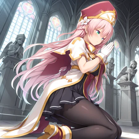 <lora:Terese_Elminaãã¬ãµã¨ã«ããã¢_-_Escude_-_Hime_to_Aiyoku_no_Sacrifice:0.8>,solo,terese,pink hair,long hair,braid,green eyes,hair between eyes,bangs,hair flower,large breasts,base outfit,white gloves,mitre,pantyhose,indoors,cathedral,dappled sunlight,moonlight,full moon,glass ceiling,stained glass,angel statue,shrine,sparkling aura,kneeling,praying,from side,, masterpiece,best quality,amazing quality, very aesthetic, absurdres,detailed eyes,ultra-detailed,
