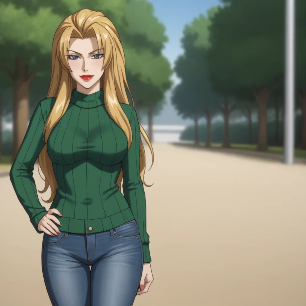 <lora:enchantressanime_pony_v1:.7> enchantressanime, 1girl, long hair, medium breasts,  lipstick, cowboy shot, sweater, jeans