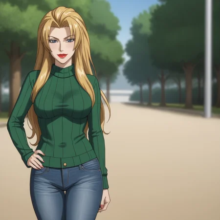 <lora:enchantressanime_pony_v1:.7> enchantressanime, 1girl, long hair, medium breasts,  lipstick, cowboy shot, sweater, jeans