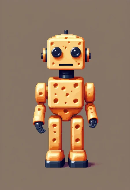 Cheese style, cute robot, color splash background, 2 tone background, Pixel_Art,