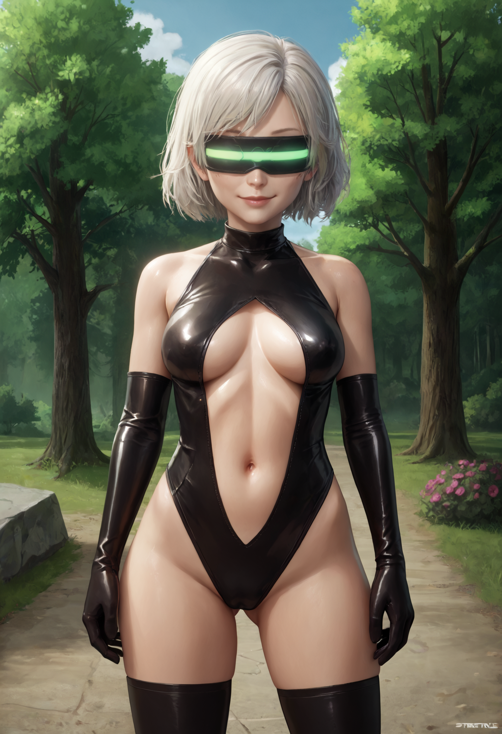 zPDXL, 1girl, solo, BREAK
bg3isobel, white hair,
green visor, glowing visor, 
black latex princess, thighhighs, elbow gloves, breasts apart,
standing at attention, cowboy shot,
outdoors, tree,
<lora:evil-visor-ot3-1200:0.8> <lora:latex-princess-ot6-1560:0.8> <lora:isoblePony:0.6>
