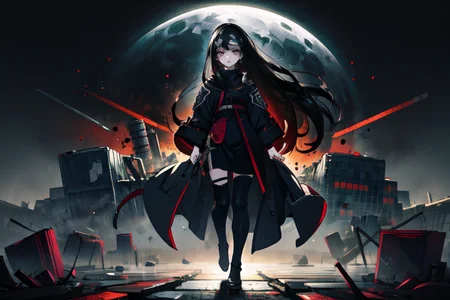 highly insanely detailed, masterpiece, top quality, best quality, highres, 4k, 8k, RAW photo, (very aesthetic, beautiful and aesthetic),  
beth_\(megami_tensei\),bethsmtii,shin megami tensei ii,long hair,black hair,straight hair,sleek black,jewelry,cross,headband,red_lipstick,Tokyo_Millennium,post-apocalyptic_city,dystopian_world,Great_Cataclysm,World_ending_event,apocalyptic_disaster,city_rebirt, 
<lora:zs_Beth:0.7>, 
(1girl:1.3), 1other, 
under the moonlight,navy background,charcoal background,(colored mosaic background,dripping colors background),âââ