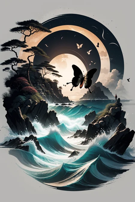 <lora:Calligraphy-ink-style-darquelilly-v1:1> calligraphyinkstyle, fairies swirling around, butterflies, volumetric lighting, night time, sea of lowers, moonlight black background