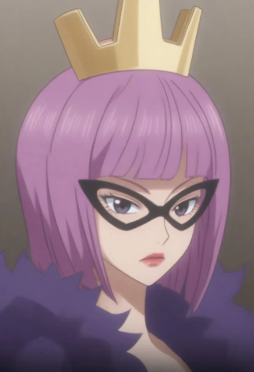 source_anime, anime screencap, source_anime, auratheguillotine, anime screencap, masterpiece, source_anime, shiny skin,,, KinderellaOP, 1girl, solo, tall woman, pink purple hair, bangs, bob cut, black eyes, lips, red lipstick, crown, long yellow dress, cleavage, dress with cutout, dark cape, wide hips, long light-colored gloves, eye-mask,