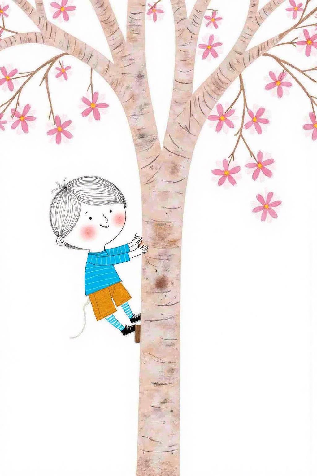 macha1 illustration. 
A boy climbing a cherry tree during a cherry blossom. <lora:macha1_cap_d6a3e12:1.0><lora:827724199192722645:0>