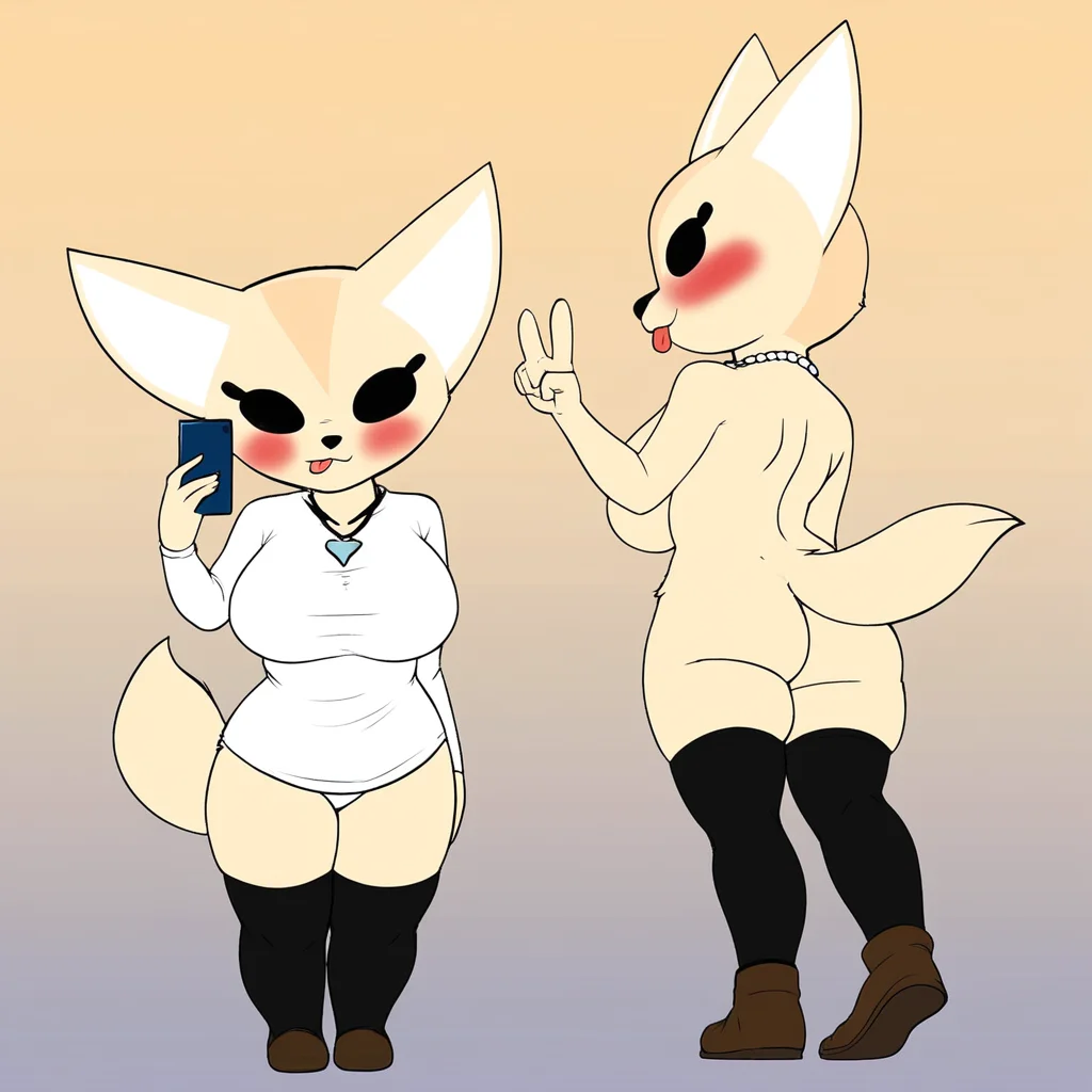 fenneko, swimsuit, large breasts, selfie, looking back, gradient background, two-tone fur, blush, thighhighs, pants, tongue, hand up, body fur, necklace, brown footwear, black thighhighs, remote control, white shirt, nude, phone
