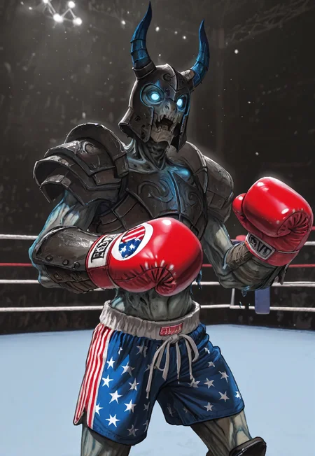 Masterpiece, absurdres, very aesthetic, best quality, highly detailed, newest, 8k, 1boy, solo, Dr4gr, SKRM, zombie skin, blue glowing eyes, shouder armor, horned helmet, boxing gloves, boxer shorts, american flag print boxers, boxing ring background, detailed background, 