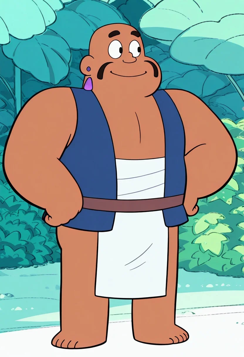 detailed background, detailed background, solo, HaroldSmiley, 1boy, male focus, fat, black mustache, black eyes, bald, dark skin, chubby, smile, masterpiece, perfect quality, best quality, detailed, newest, very aesthetic, Z00Man0utfit, blue vest, white loincloth, brown belt, purple earrings, bare feet, garden background, forest