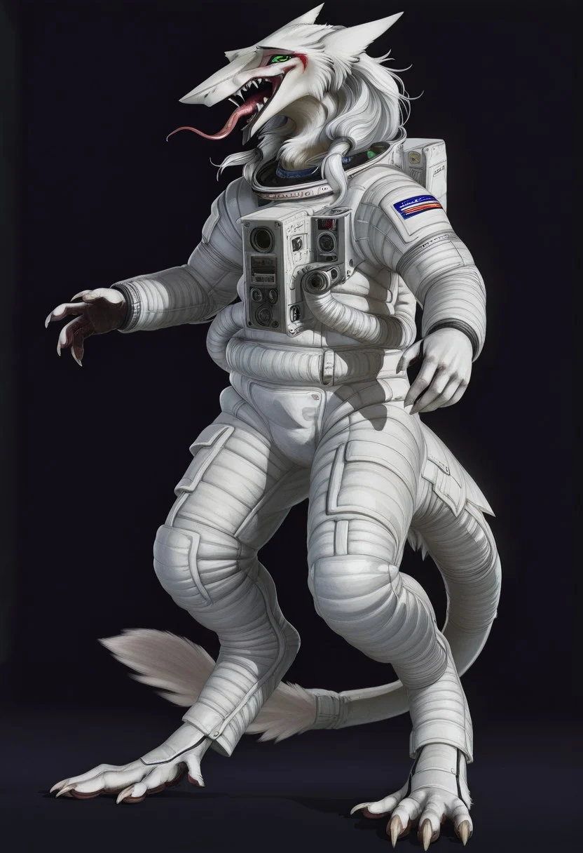 ((Modern_spaceart)), Cannon_design, Sergal, a painting of a sergal with long hair wearing a space suit, sensitive, solo, long hair, looking at viewer, open mouth, animal ears, green eyes, teeth, tongue, tongue out, fangs, sharp teeth, black background, claws, furry, furry female, sharp fingernails, body fur, white fur, snout, astronaut suit, spacesuit, 3d, Cassette_Futurism