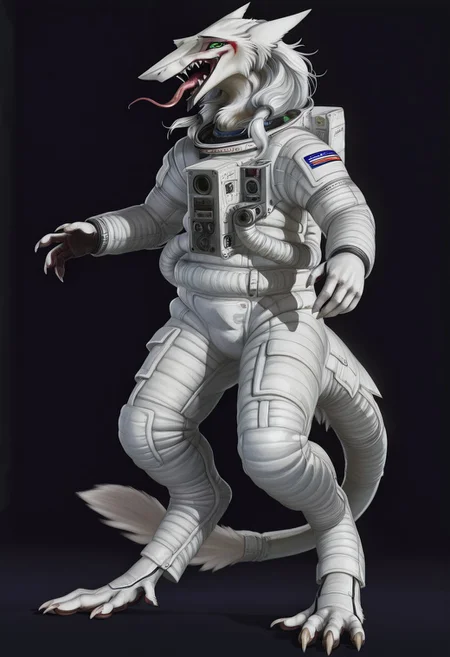 ((Modern_spaceart)), Cannon_design, Sergal, a painting of a sergal with long hair wearing a space suit, sensitive, solo, long hair, looking at viewer, open mouth, animal ears, green eyes, teeth, tongue, tongue out, fangs, sharp teeth, black background, claws, furry, furry female, sharp fingernails, body fur, white fur, snout, astronaut suit, spacesuit, 3d, Cassette_Futurism