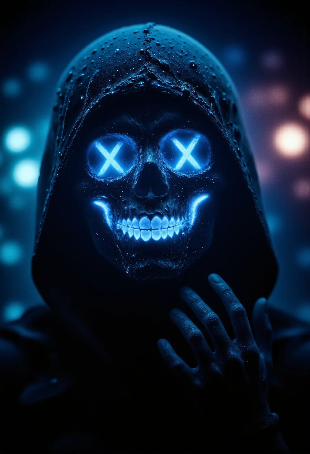 analog film photo . A mysterious figure in a dark hooded cloak stands in a dimly lit environment, their face obscured by a glowing neon mask. The mask features bright blue Xs over the eyes and a wide, stitched smile illuminated in a haunting glow. The background fades into soft, out-of-focus blues and purples, adding a cyberpunk atmosphere. The figure exudes an eerie, intimidating presence, blending into the shadows while the neon mask creates a chilling contrast, casting an ominous aura. mean smile. detailmaximizer, aiai-Glimra, aidmaGlow, <lora:aidmaImageUpgrader-FLUX-V0.1.safetensors:1.0>, <lora:flux_sparklycism.safetensors:0.33>, <lora:- Flux1 - vanta_black_V1.0.safetensors:0.75>, <lora:dark_fantasy_flux.safetensors:0.5>, <lora:aidmaGLOW-FLUX-V0.1.safetensors:1.0>, <lora:aiai-Glimra-Flux-Dev-v2.safetensors:0.5>, <lora:ARTifacts.safetensors:0.5>, . faded film, desaturated, 35mm photo, grainy, vignette, vintage, Kodachrome, Lomography, stained, highly detailed, found footage