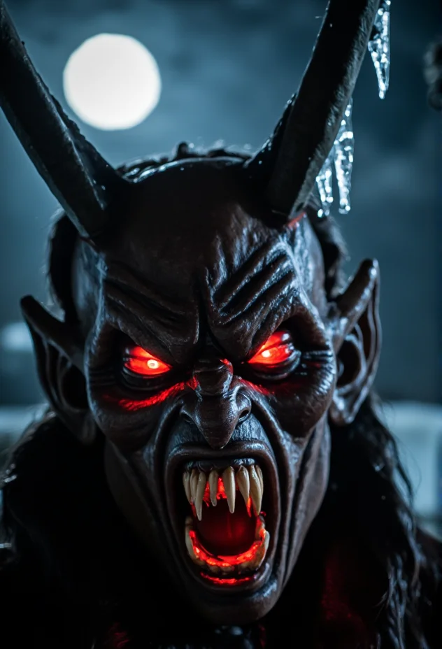 A close-up of a Krampus mask, showcasing glowing red eyes with deep shadows to enhance the texture and details. The mask is adorned with icicles hanging from the edges, creating a haunting and realistic look. The background features an icy, moonlit night, ensuring the mask remains the main focus, in sharp focus with crisp details.<lora:bv-krampus-v1.safetensors:1.0:1.0>
