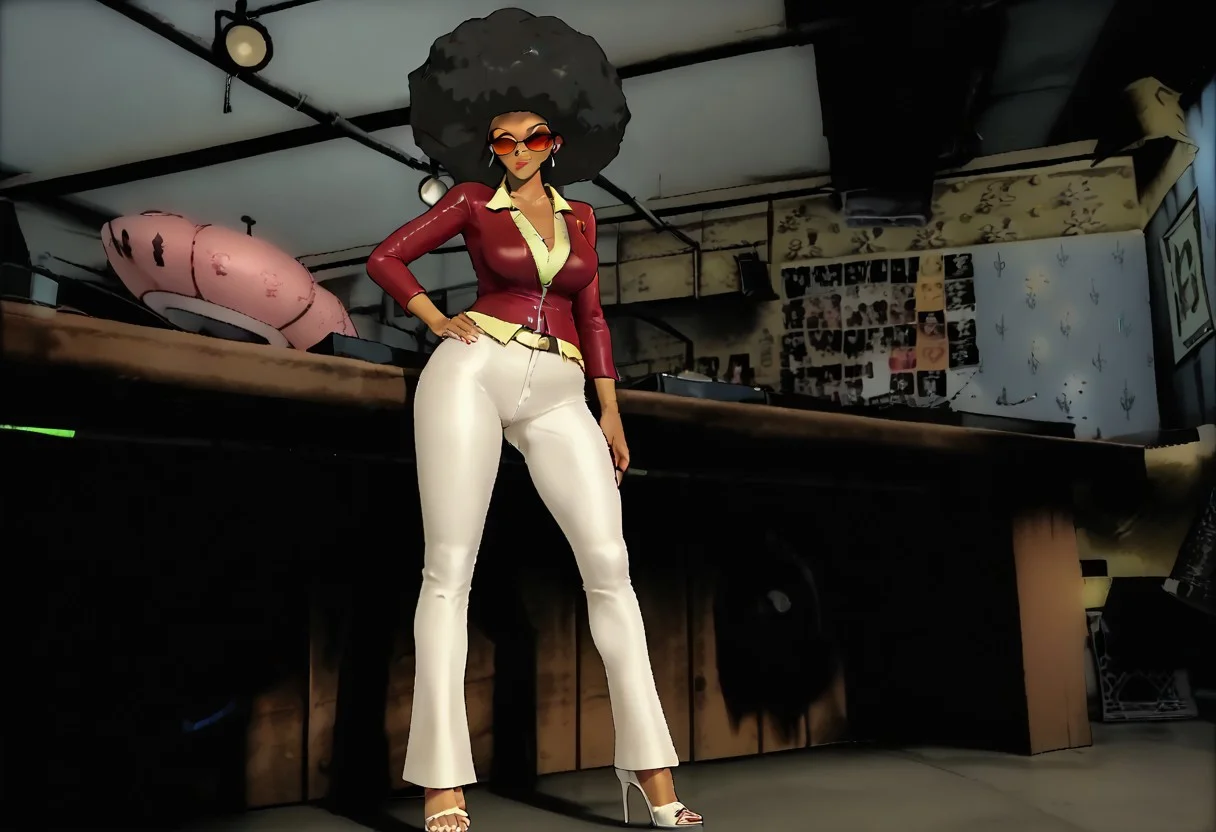 DJ, a woman with a large afro, Scratch: The Ultimate DJ, DJVFunkstress, large breasts, style of jet set radio,, stylish female dj,, afro hairstyle,, sunglasses, , bright red jacket,, yellow blouse,, Tan Skin,, Flare White Pants, , high heels, full body render, best quality, masterpiece, facing the viewer, looking at viewer,