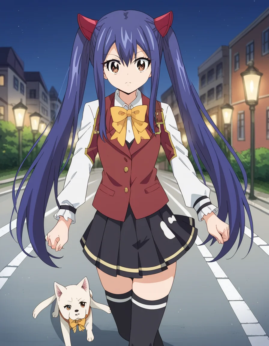 score_9, score_8_up, score_7_up, source_anime, <lora:wendy-marvell-100yq-ponyxl-lora-nochekaiser:1>, wendy marvell, long hair, hair ornament, ribbon, hair between eyes, twintails, brown eyes, very long hair, blue hair,, skirt, thighhighs, bow, ribbon, pleated skirt, black thighhighs, bowtie, black skirt, zettai ryouiki, yellow bow, yellow ribbon, city street, evening, streetlights, walking dog, quiet neighborhood, gentle breeze, , looking at viewer, v,, solo,, dutch angle,