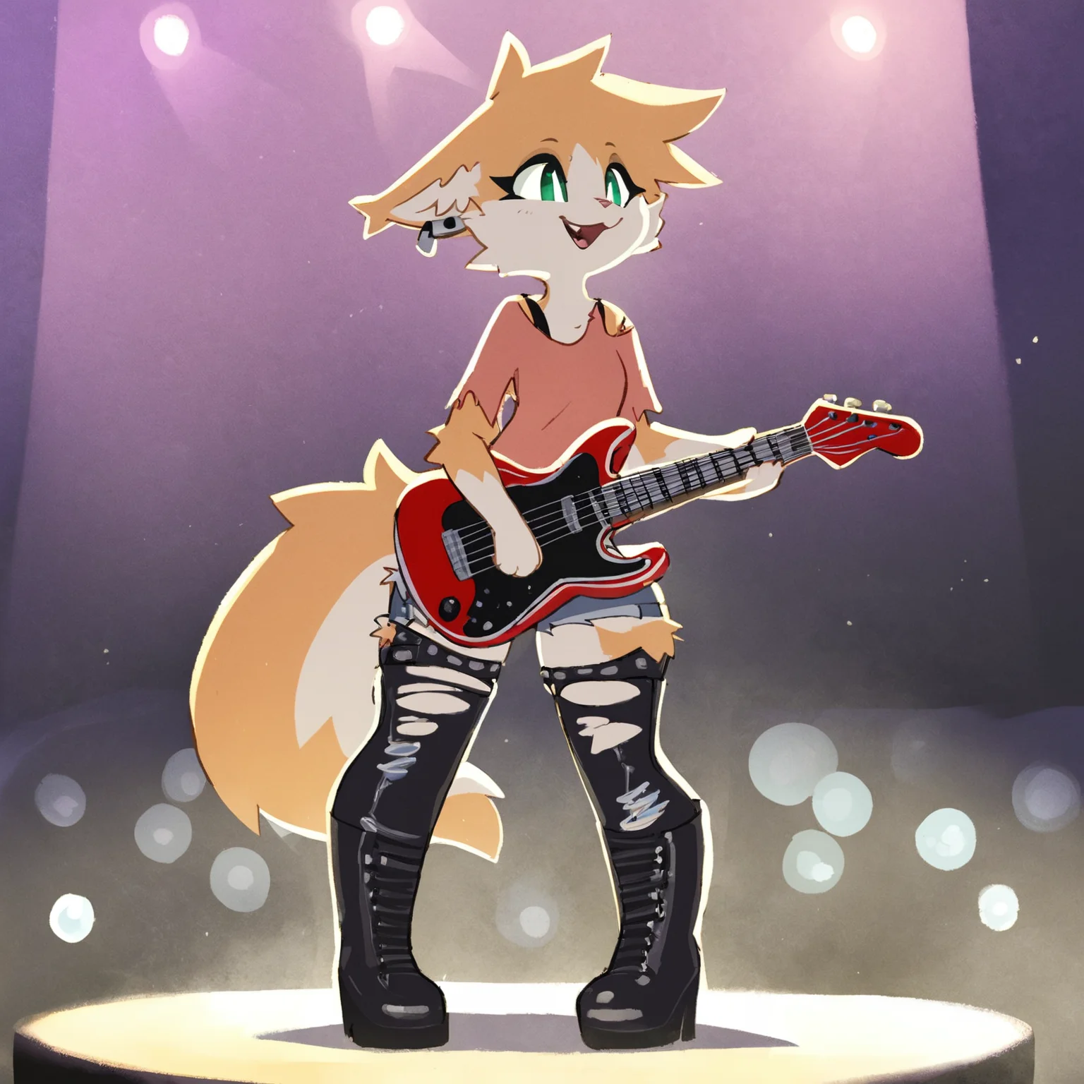 score_9, score_8_up
<lora:rolo-PONY:0.8> rolo, green eyes, furry, female, solo, full body, standing, bass guitar, stage, shirt, ripped jeans, punk, happy, earrings, thigh boots, eye liner