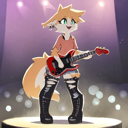 score_9, score_8_up
<lora:rolo-PONY:0.8> rolo, green eyes, furry, female, solo, full body, standing, bass guitar, stage, shirt, ripped jeans, punk, happy, earrings, thigh boots, eye liner