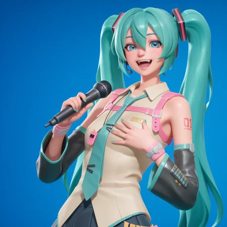 highly detailed, (upper body:1.3), (:d, happy, singing holding microphone, solid background, blue background, hand on own chest, singing:1.5), fortnite_nemia, hatsune miku, 1girl, solo, aqua nails, aqua necktie, bare shoulders, black skirt, black sleeves, black thighhighs, boots, detached sleeves, hair ornament, hatsune miku, headphones, headset, looking at viewer, miniskirt, nail polish, necktie, pleated skirt, shirt, shoulder tattoo, skirt, sleeveless, sleeveless shirt, open mouth, fangs, teeth, <lora:Fortnite_Nemia_Demonically_Cute_Set_ILXL_E41_16_DIM:0.9>