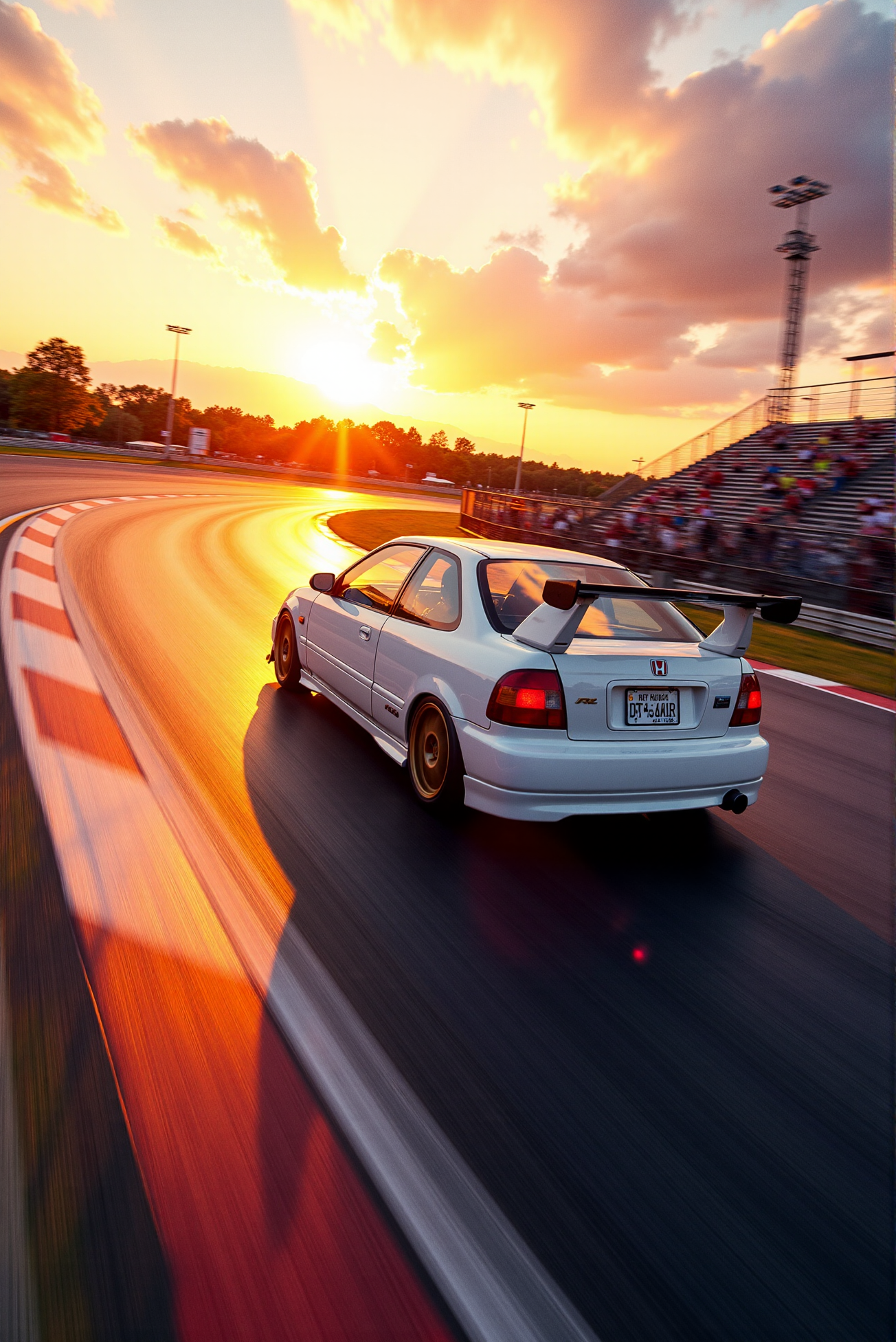<lora:Honda_Civic_Type-R_EK9:1.0> Honda Civic Type-R EK9. 
Mid-race on a professional track at sunset, the (Honda Civic Type-R EK9 from '90) tears past in a sweeping panning shot, caught in a blur of motion with the rear tires just lifting into a corner apex. The sun casts burnt-orange hues across the asphalt, turning the carâs white finish into a canvas of golds and reds. Spectator stands blur in the distance, while foreground gravel and kicked-up tire dust freeze in midair, captured in sharp strobe-like freeze-frames. The mood is electric and competitive, rendered with high-speed dynamic lighting, motion trails, and HDR-style clarity. The artistic direction evokes 80s race posters with a modern photorealistic twist, emphasizing velocity, heat, and precision.  (A mirror-like, ultra-gloss finish of the car produces vivid, sparkling glints of light across its surface:1.1).