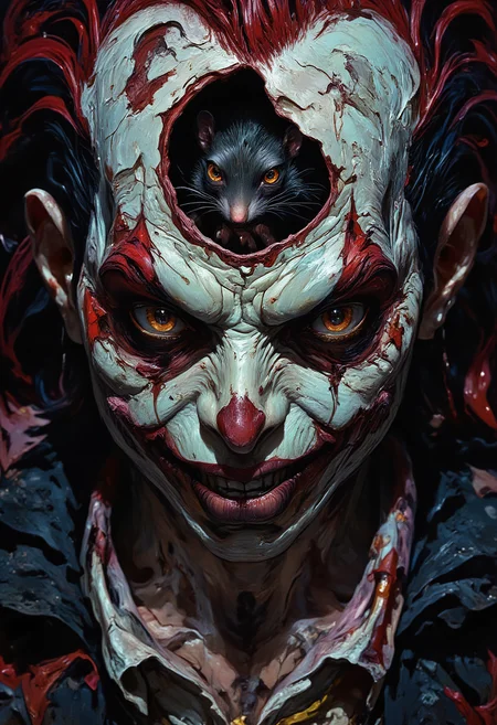 pinkdarkfantasy, A closeup of a clown, whose eyes are an empty socket, in one eye socket a rat is looking out, a sinister smile across the clowns face
