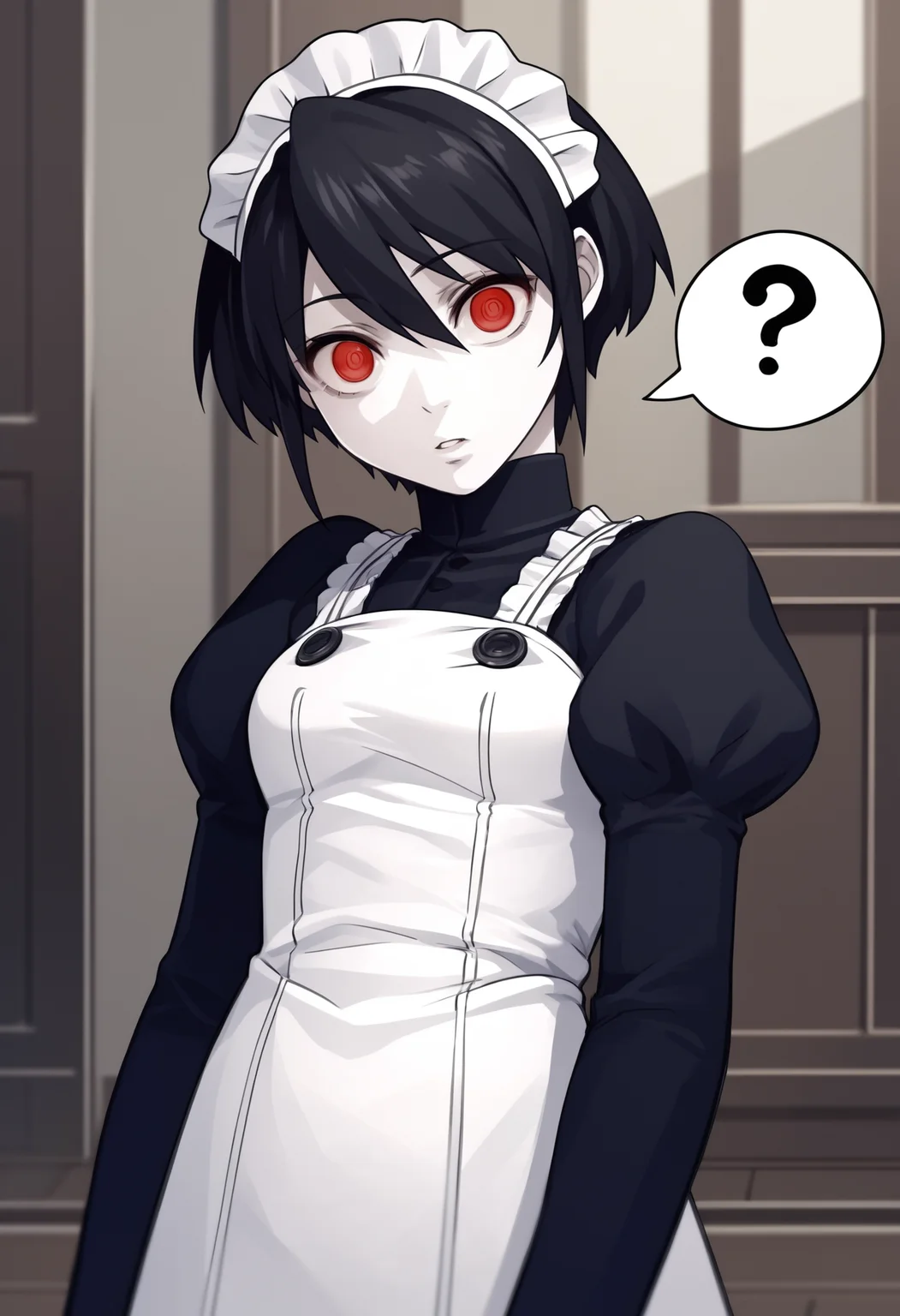 score_8_up, score_7_up, source_anime BREAK 1girl, solo, <lora:mary-sh-richy-v1_pdxl:1>mary, red eyes, colored skin, pale skin, black hair short hair, maid headdress, maid, long sleeves, puffy sleeves, maid apron, looking at viewer, parted lips, ?, question mark, speech bubble