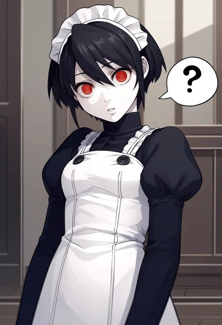 score_8_up, score_7_up, source_anime BREAK 1girl, solo,  <lora:mary-sh-richy-v1_pdxl:1>mary, red eyes, colored skin, pale skin, black hair short hair, maid headdress, maid, long sleeves, puffy sleeves, maid apron, looking at viewer, parted lips, ?, question mark, speech bubble