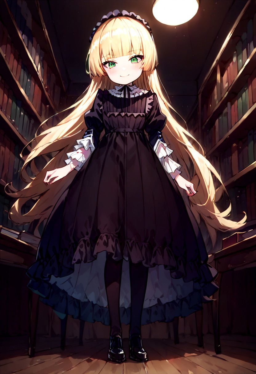 score_9, score_8_up, score_7_up, Expressiveh, source_anime, from below, 1girl, solo, flat chest, bright smile, blush, victorique de blois, blonde hair,long hair,blunt bangs,green eyes,black bonnet, hairband,chin strap,victorique_clothes,gothic, black dress, long dress, ribbon, frills,pantyhose,black shoes,indoor, European style, highly detailed, library,book,chair,sit,