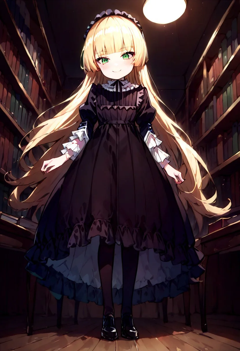 score_9, score_8_up, score_7_up, Expressiveh, source_anime, from below, 1girl, solo, flat chest, bright smile, blush, victorique de blois, blonde hair,long hair,blunt bangs,green eyes,black bonnet, hairband,chin strap,victorique_clothes,gothic, black dress, long dress, ribbon, frills,pantyhose,black shoes,indoor, European style, highly detailed, library,book,chair,sit,