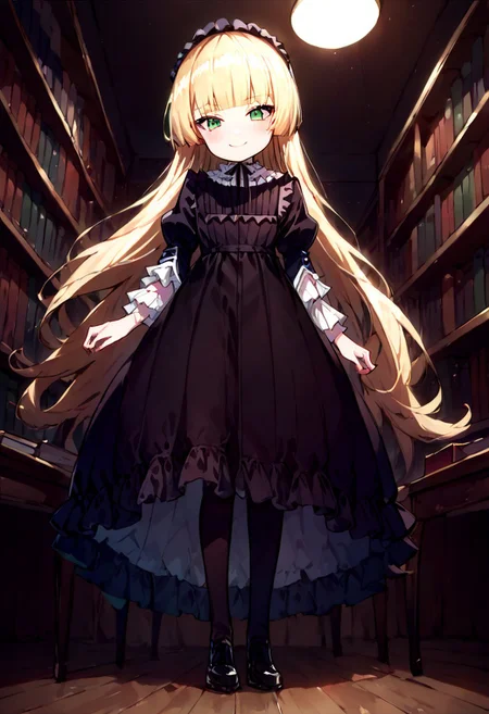 score_9, score_8_up, score_7_up, Expressiveh, source_anime, from below, 1girl, solo, flat chest, bright smile, blush, victorique de blois, blonde hair,long hair,blunt bangs,green eyes,black bonnet, hairband,chin strap,victorique_clothes,gothic, black dress, long dress, ribbon, frills,pantyhose,black shoes,indoor, European style, highly detailed, library,book,chair,sit,