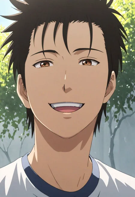 Highres, Masterpiece, High Quality, 4K, 8K, solo, 1Boy, Soujirou Agata, brown eyes, black hair, sunny weather, sunshine, potrait, laughing, looking at viewer, easynegative, detailed_eye_model