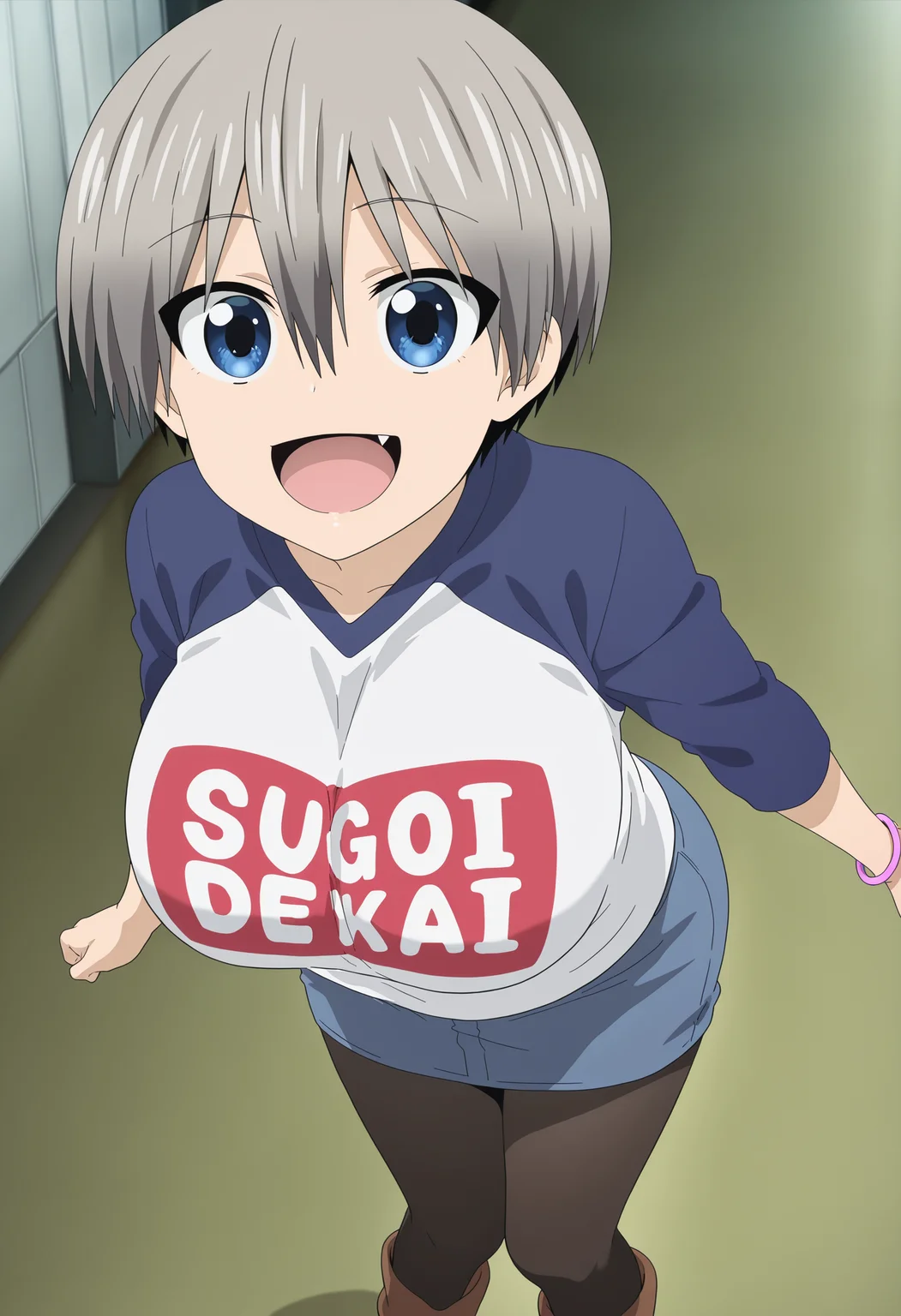 masterpiece,best quality,amazing quality, official anime artwork, screencap, anime screencap, <lora:Hana_Uzaki_Uzaki-chan_Wants_to_Hang_Out_-_Illustrious:1>, 1girl, solo, gray hair, bangs, hair between eyes, blue eyes, large breasts, fang, Hana sugoi dekai shirt outfit, raglan sleeves, denim skirt, pantyhose, clothes writing, romaji text, bracelet, brown footwear, boots, looking at the viewer, big smile, happy girl
