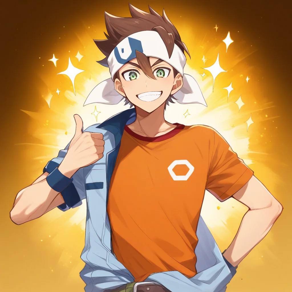 <lora:Baku_Omori:1>,baku omori,1boy,male focus,pointing at self,solo,smile,headband,grin,looking at viewer,(orange t-shirt:0.5),belt,sparkle,pointing,shirt,upper body,t-shirt,jumpsuit,thumbs up,masterpiece,high score,great score,absurdres,