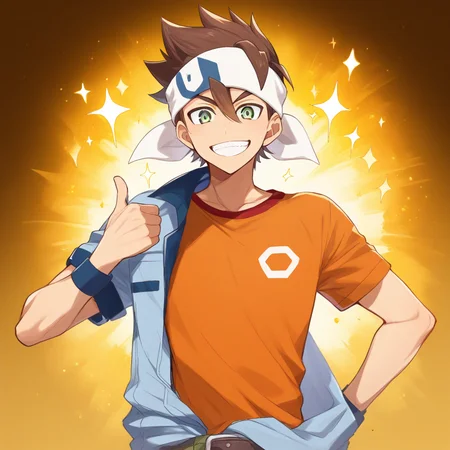 <lora:Baku_Omori:1>,baku omori,1boy,male focus,pointing at self,solo,smile,headband,grin,looking at viewer,(orange t-shirt:0.5),belt,sparkle,pointing,shirt,upper body,t-shirt,jumpsuit,thumbs up,masterpiece,high score,great score,absurdres,