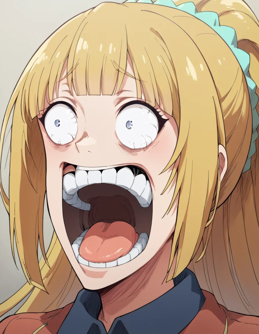 score_9, score_8_up, score_7_up, source_anime, <lora:kei-karuizawa-anime-s2-ponyxl-lora-nochekaiser:1>, kei karuizawa, long hair, bangs, blunt bangs, blonde hair, hair ornament, ponytail, scrunchie, blue scrunchie, medium breasts,, <lora:enel-face-ponyxl-lora-nochekaiser:1> enel face, open mouth, wide-eyed, teeth, tongue,, , ,