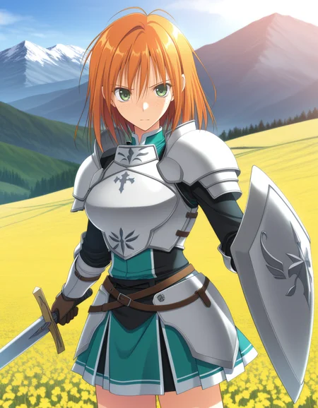 (takepon), <lora:1_illu_takepon_25e:1>, 1girl, armor, sword and shield, skirt, freckles, orange hair, medium hair, green eyes, field, mountains, (masterpiece, best quality, amazing quality),