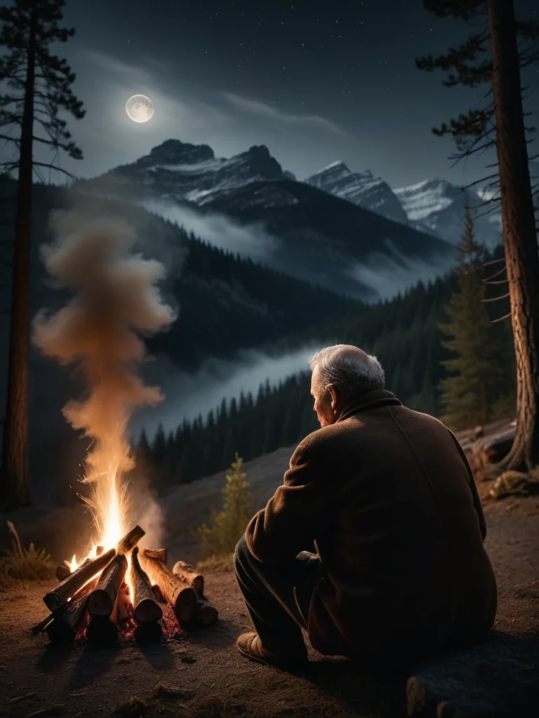 photo focus on outdoor, night, dark dim muted colors, chiaroscuro , view from back, trapper (1man:1.2) sitting, small fire in Canada wilderness, elderly mature , hand , thinking, <lora:Chiaroscuro-v1:0.65>, monumental pines , moon night, mist, autumn, particles in air, sparks, character color photo portrait, Mise-en-scène, Staged Scene, Thoughtful Arrangement, Chiaroscuro, Strong Light and Shadow, Dramatic Contrast, absurdres, detailed, macro details, 8k, hyper realistic, texture surface details, film, professional, 4k, highly detailed professional, simple