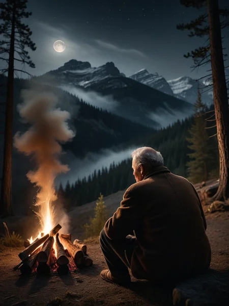photo focus on outdoor, night, dark dim muted colors, chiaroscuro  , view from back, trapper (1man:1.2) sitting,  small fire in Canada wilderness,  elderly mature  , hand , thinking, <lora:Chiaroscuro-v1:0.65>, monumental pines , moon night, mist, autumn, particles in air, sparks, character color photo portrait, Mise-en-scène, Staged Scene, Thoughtful Arrangement, Chiaroscuro, Strong Light and Shadow, Dramatic Contrast, absurdres, detailed, macro details, 8k, hyper realistic, texture surface details, film, professional, 4k, highly detailed professional, simple