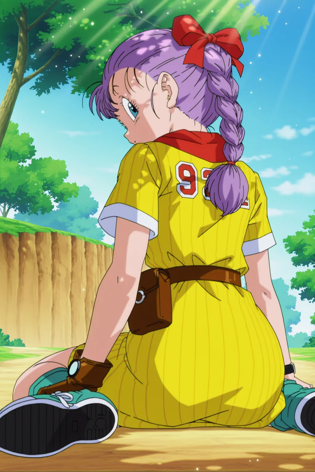 anime screencap, masterpiece, best quality, amazing quality, very aesthetic, absurdres, newest, (scenery, volumetric lighting),
bulma, path to power, classic outfit, official style, 1girl, number, solo, sitting, purple hair, hair bow, boots, outdoors, sky, sneakers, day, belt, from behind, red bow, tree, wariza, nature, clothes writing, brown gloves, single glove, watch, braided ponytail, yellow dress, wristwatch, vertical-striped dress, fanny pack, dappled sunlight, light particles, cliff, solo, 1girl, looking at viewer,
<lora:Bulma_XIL:0.8>