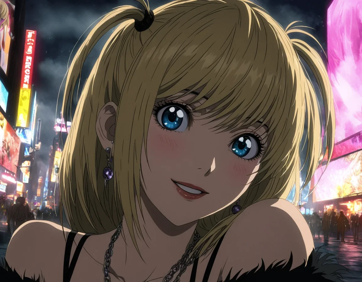 1girl, portrait of Misa Amane, death note, Modern Anime, adult female, From Death Note anime, best quality, 8K, DSLR quality, Bloom Lighting, Good Face, Beautiful Face, Slim, highly detailed, glow, extreme details, fog, smoke, blond hair, full body, happy, smile, perfect eyes, <lora:perfect-eyes:1>, perfecteyes, eyes reflection, detailed eyes, upper body, hdr quality, full of color, smoke, cinematic, night, moon light, 2010s, windy, hair swaying in wind, purple nail polish, nigh time, blue eyes, grainy, chromatic aberration, adult woman, Depth of field effect, uwu, cute, blush, perfecteyes, eyes reflection, detailed eyes, upper body, shy smile, hdr quality, hands doing cute pose, full of color, smoke, cinematic, in city, times square, no crowd, <lora:misa_amane-step00000862:1>