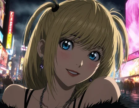 1girl, portrait of Misa Amane, death note, Modern Anime, adult female, From Death Note anime, best quality, 8K, DSLR quality, Bloom Lighting, Good Face, Beautiful Face, Slim, highly detailed, glow, extreme details, fog, smoke, blond hair, full body, happy, smile, perfect eyes, <lora:perfect-eyes:1>, perfecteyes, eyes reflection, detailed eyes, upper body, hdr quality, full of color, smoke, cinematic, night, moon light, 2010s, windy, hair swaying in wind, purple nail polish, nigh time, blue eyes, grainy, chromatic aberration, adult woman, Depth of field effect, uwu, cute, blush, perfecteyes, eyes reflection, detailed eyes, upper body, shy smile, hdr quality, hands doing cute pose, full of color, smoke, cinematic, in city, times square, no crowd, <lora:misa_amane-step00000862:1>