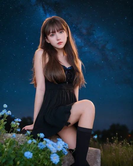 (best quality:1.4), (ultra highres:1.2), (photorealistic:1.4), (8k, RAW photo:1.2),(portrait shot:1.3), _jbright__, 1girl, solo,long hair,bangs,brown hair,black thighhighs, black dress,outdoors,realistic,blurry background,Perfect Hands, night, night sky, blue flower, <lora:_jbright__-000045:0.2>, <lora:neg4all_bdsqlsz_xl_V7:0.8>, <lora:Perfect Hands:0.8>