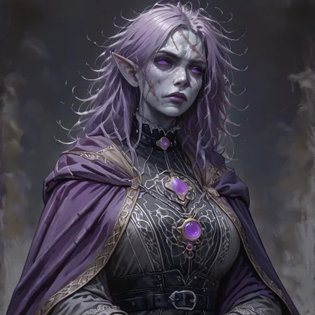 masterpiece, best quality, newest, absurdres, highres,
DPILV1.0,
1girl, goth, gothic, goth fashion, victorian, elf, coreset, messy hair, scar, scars, scar on face, robe, medival, medival clothing, mature, mature female,
Purple hair, Purple eyes, grey skin, colored skin, grey colored skin,