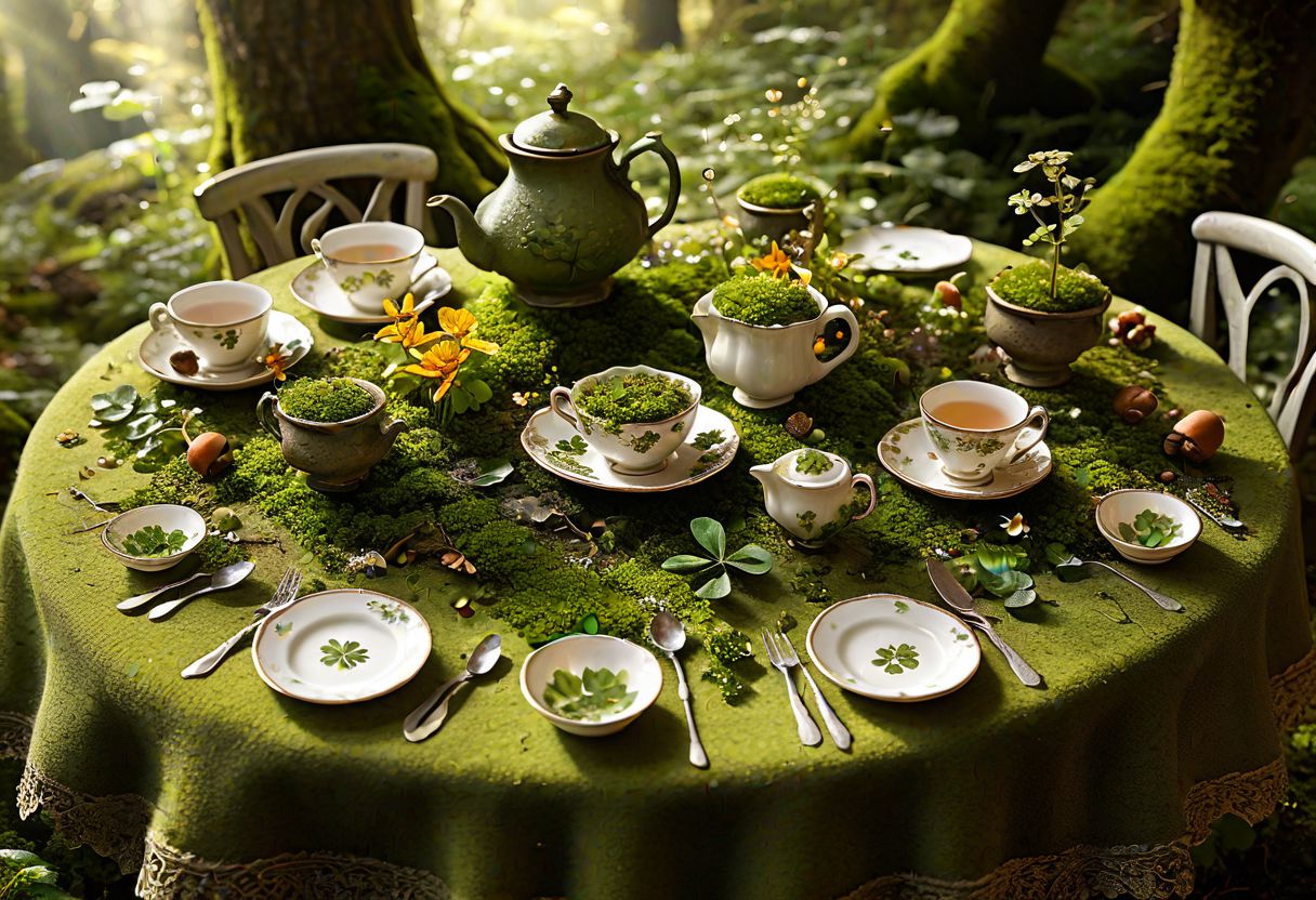 intricate miniature scene, woodland fairies, Irish tea party, shamrock leaves as tablecloths, acorn teacups, dewdrop refreshments, dappled sunlight, vibrant wildflowers, detailed moss, (fantasy illustration:1.2), highly detailed, photorealistic, magical lighting