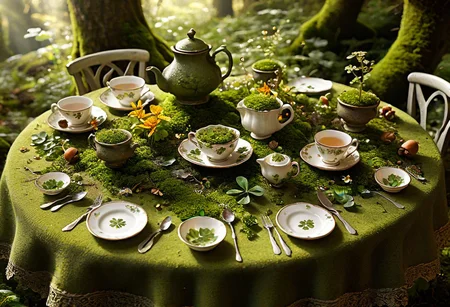 intricate miniature scene, woodland fairies, Irish tea party, shamrock leaves as tablecloths, acorn teacups, dewdrop refreshments, dappled sunlight, vibrant wildflowers, detailed moss, (fantasy illustration:1.2), highly detailed, photorealistic, magical lighting