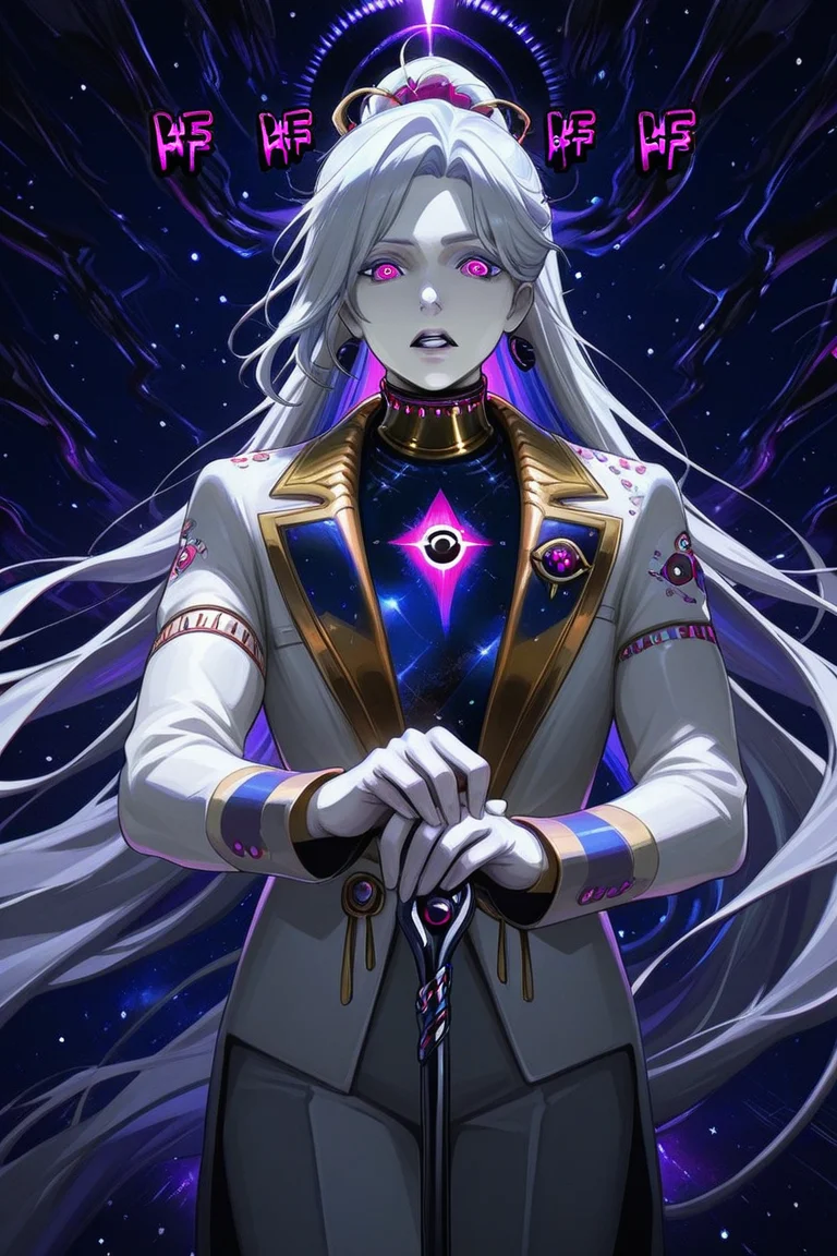 had3s_cha0s, 1girl, pale skin, hand holding cane, front view, menacing pose, space background