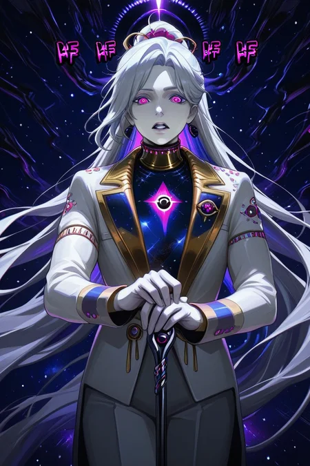 had3s_cha0s, 1girl, pale skin, hand holding cane, front view, menacing pose, space background