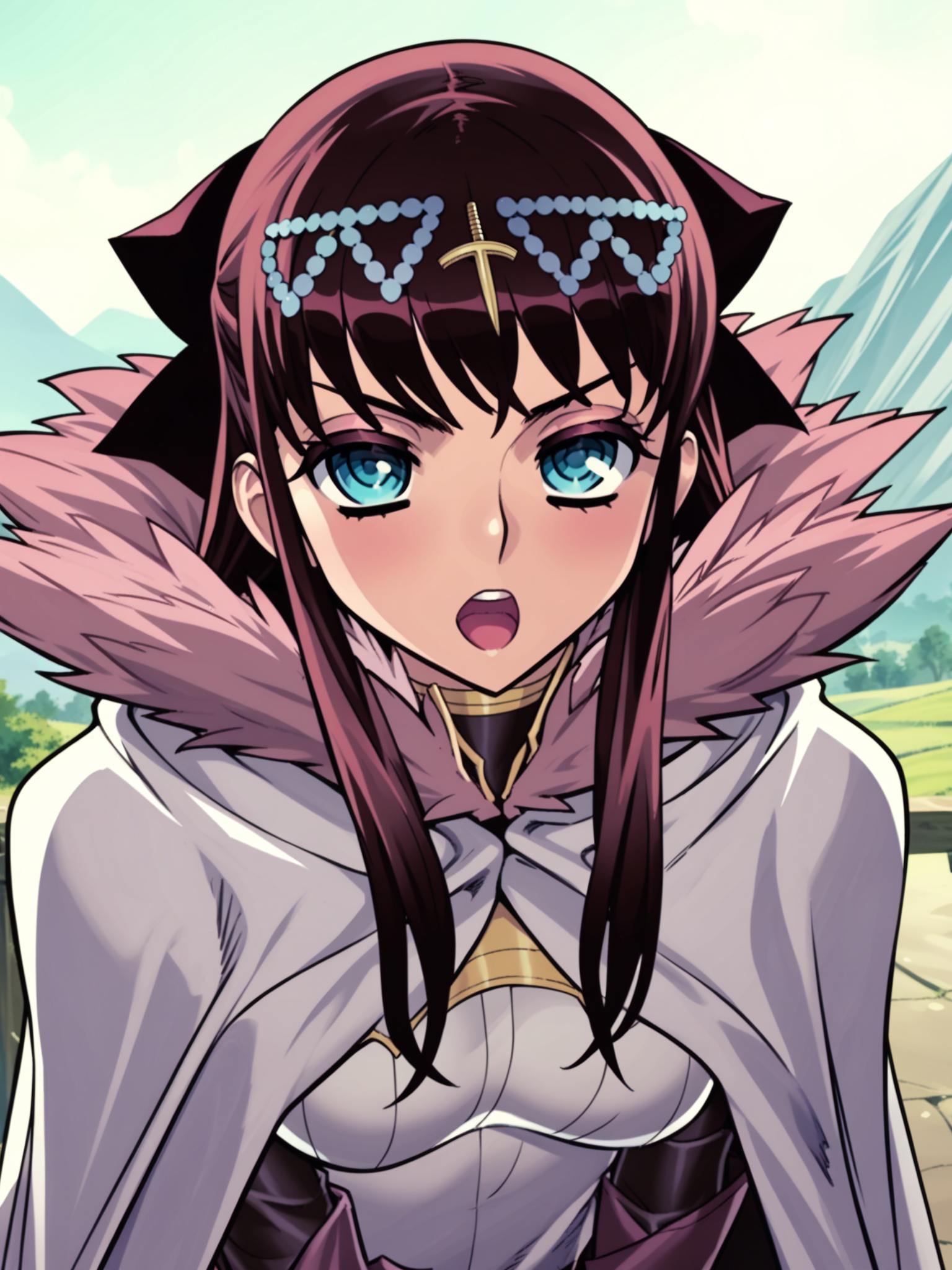 <lora:happy_tentacle-elseria-v0.5-000020>, ht_elseria, cape, fur-trimmed cape, circlet, hair bow, outdoors , 1girl, solo, portrait , , (torogao :1), , , bent over, downblouse , facing viewer , score_9, score_8_up, score_7_up, score_6_up, score_5_up, score_4_up, source_anime, anime screencap