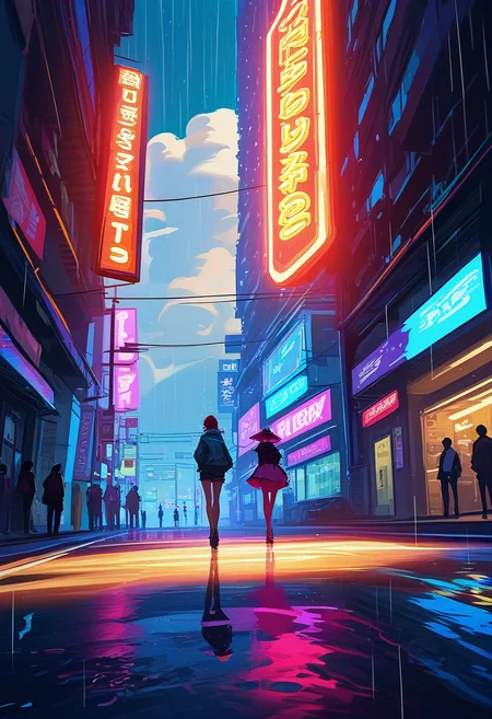 score_9, score_8_up, digital painting, concept art, brush strokes, painterly, extremely detailed, asymmetric shot, dynamic composition, dynamic poses, elegant, 2D, cinematic shot, anime screencap, asymmetric composition,
cyberpunk city street in Neo-Tokyo, architectural, perfect strokes, bustling crowd with futuristic attire, neon signs in vibrant pinks, blues, and purples, reflective wet pavement,from bottom right, camera angle low to the ground capturing the bustling energy, bright neon glow illuminating details on towering skyscrapers, japanese font billboards, shops with yellow light inside, intricate holographic advertisements projected above, fog rising from manholes, rain droplets on camera lens for a cinematic effect, light bloom, serene, oil painting, high contrast
<lora:EP Vibrant Digital painting:0.5>