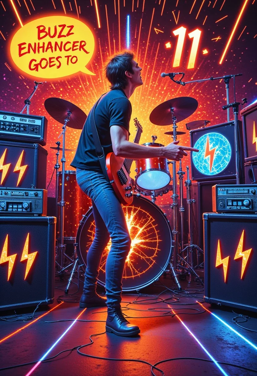 A wildly charismatic rock and roll band studio scene comes to life in vivid detail: amplifiers adorned with small lightning bolt symbols hum with electric energy, while a guitarist points enthusiastically at a buzzing buzz enhancer. The prominent speech bubble reads "Buzz Enhancer goes to 11!" This visually stunning painting captures the essence of rock and roll spirit in vibrant colors and dynamic lines. The band members exude an effortless coolness, their musical prowess evident in every detail. The image radiates a sense of energy and excitement, drawing viewers into the dynamic world of music and performance.